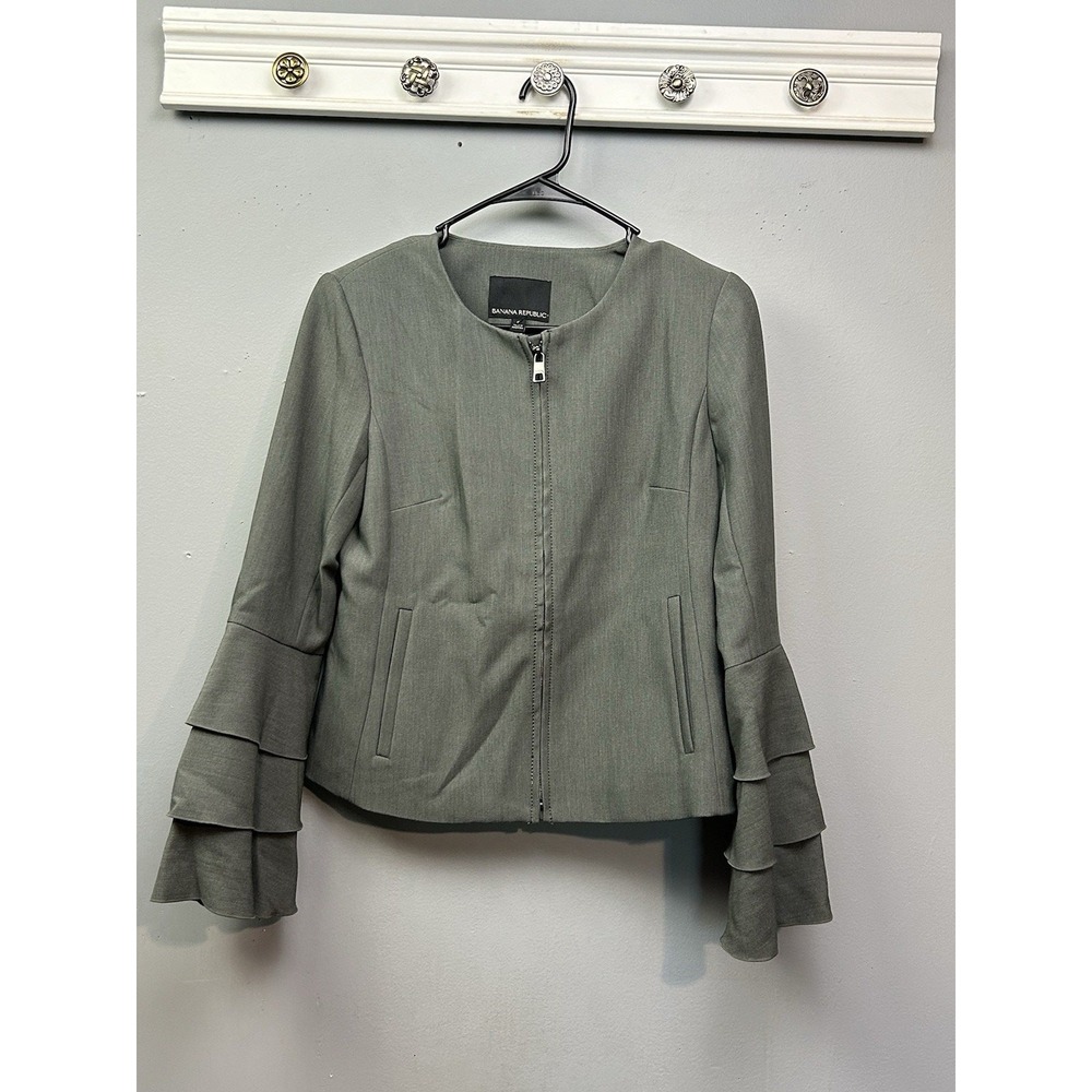 Banana Republic Jacket Womens 0 Gray Tiered Ruffle‎ Bell Sleeve Zip Front Blazer